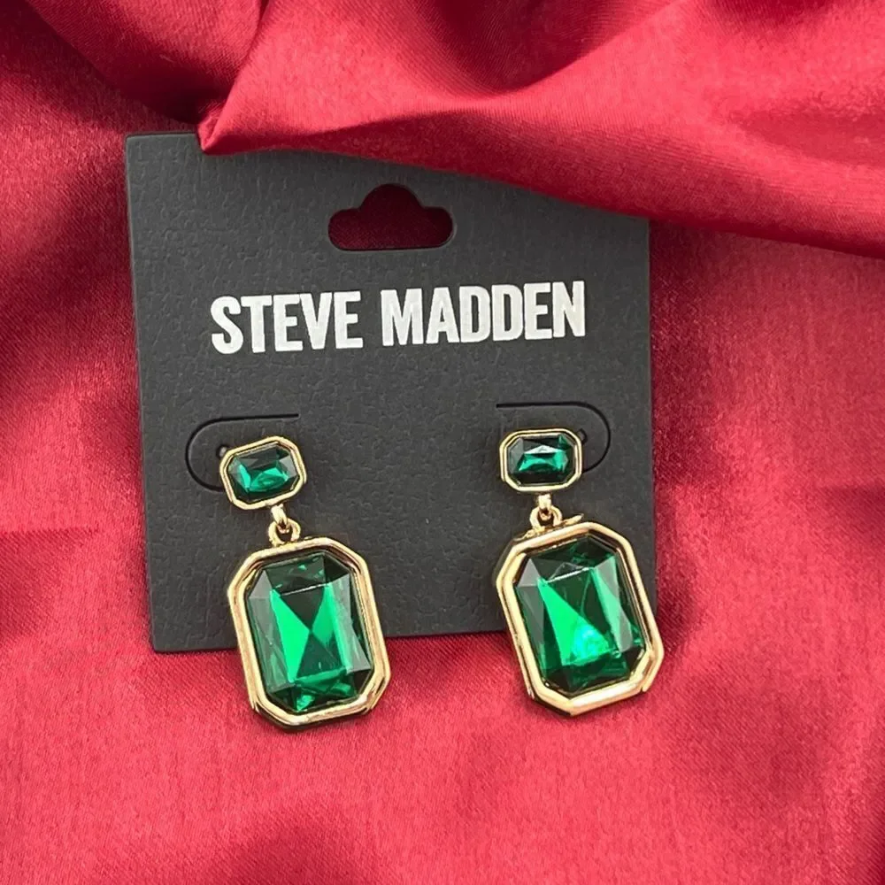 Steve Madden Gold-Tone Drop Earrings with Green Gemstones